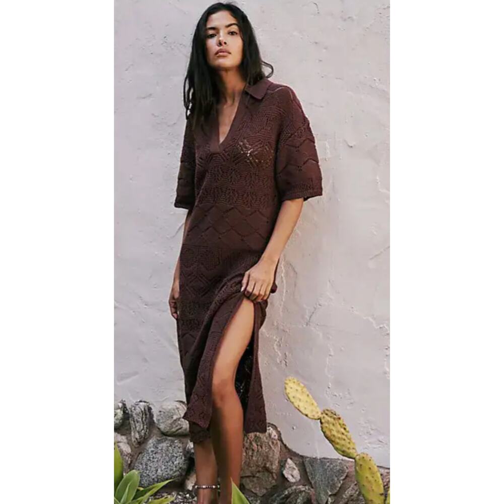 Free People Beach Islamorada Brown Crochet maxi dress open knit Y2K large.